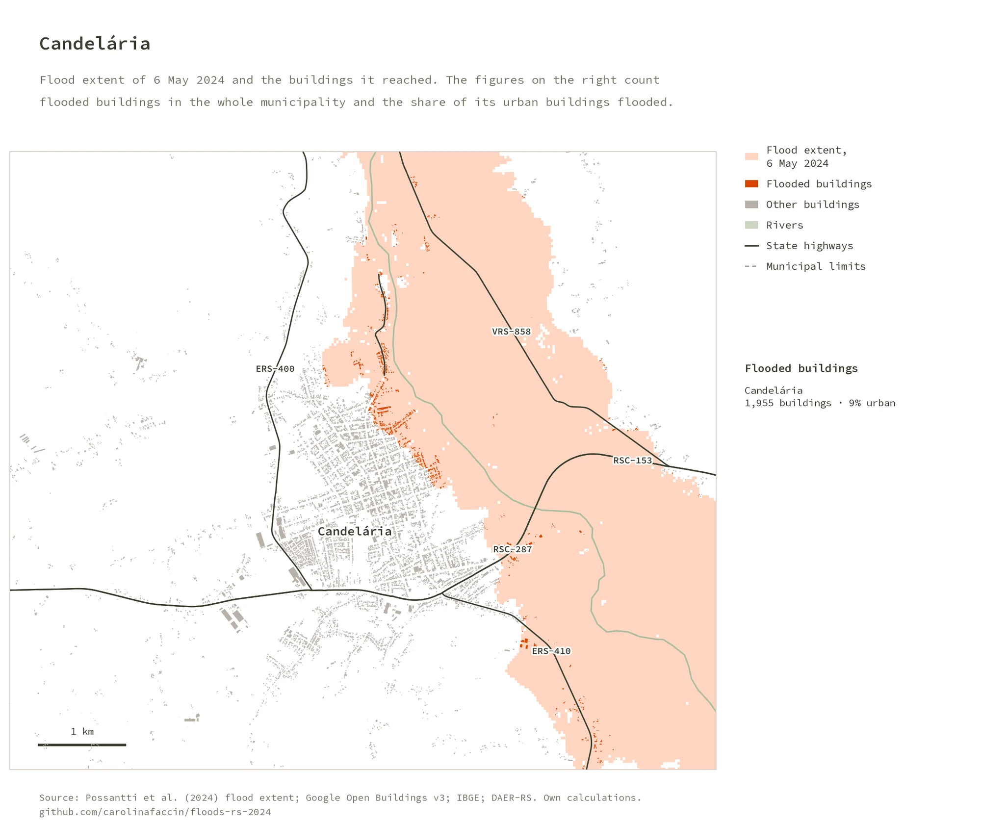 Map of Candelária with the flood along the Pardo River east of the town and flooded buildings along the river