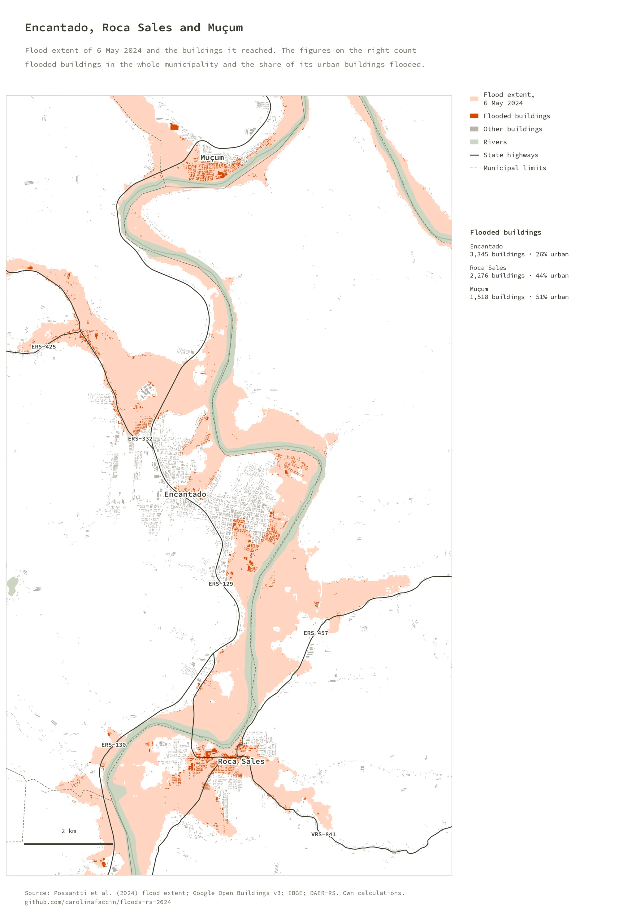 Map of Encantado, Roca Sales and Muçum with the flood following the Taquari River and flooded buildings concentrated in the riverside cores of the three towns