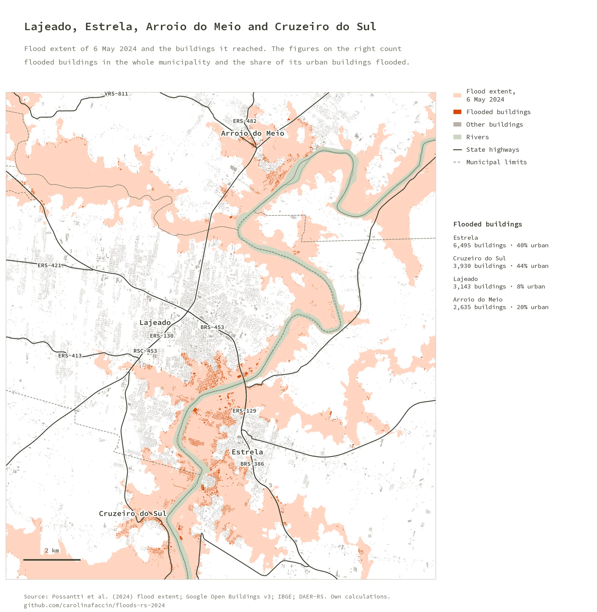 Map of Lajeado, Estrela, Arroio do Meio and Cruzeiro do Sul with a wide flood area along the Taquari River and flooded buildings in orange in the riverside cores