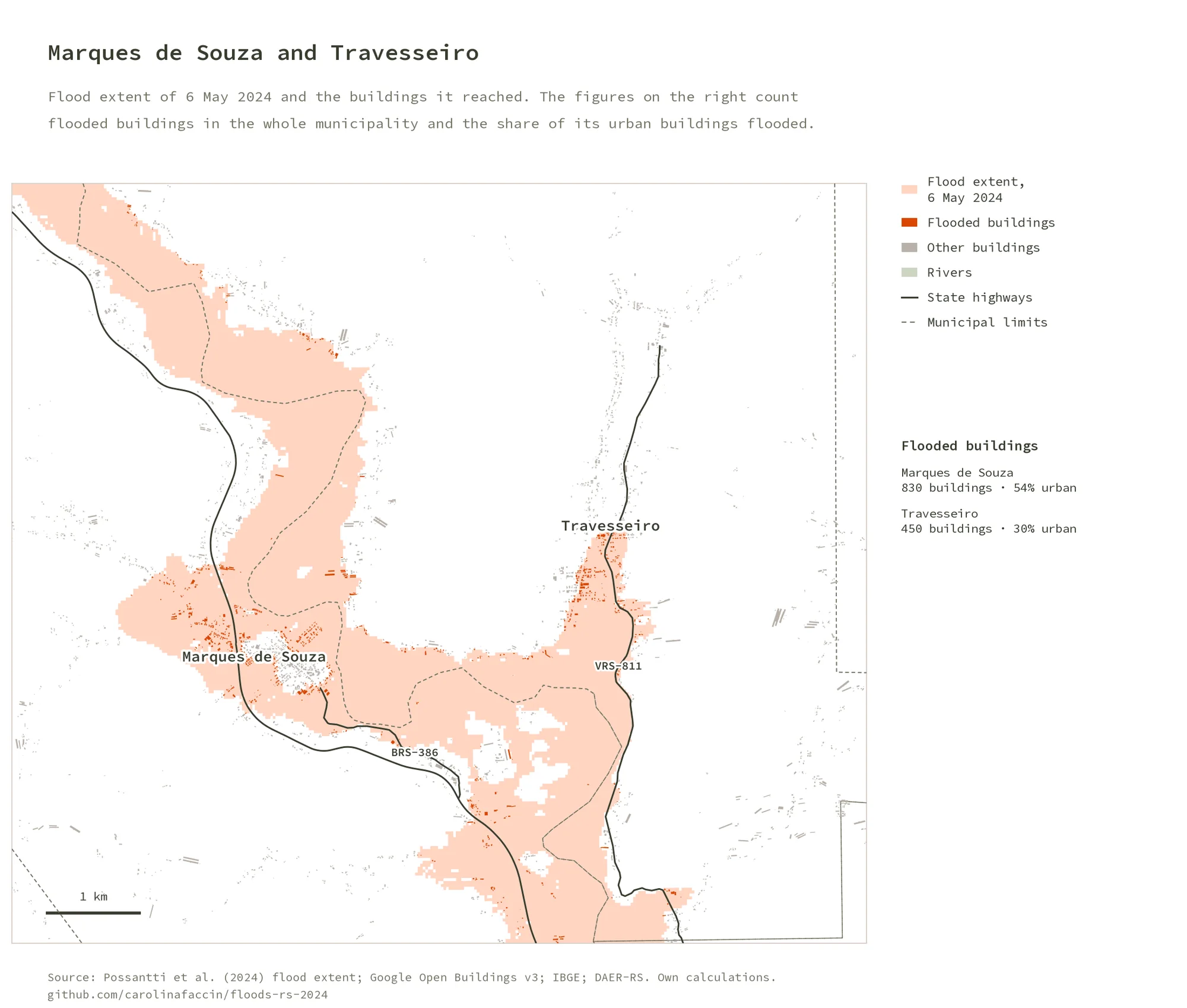 Map of Marques de Souza and Travesseiro with the flood along the Forqueta River and flooded buildings in both towns