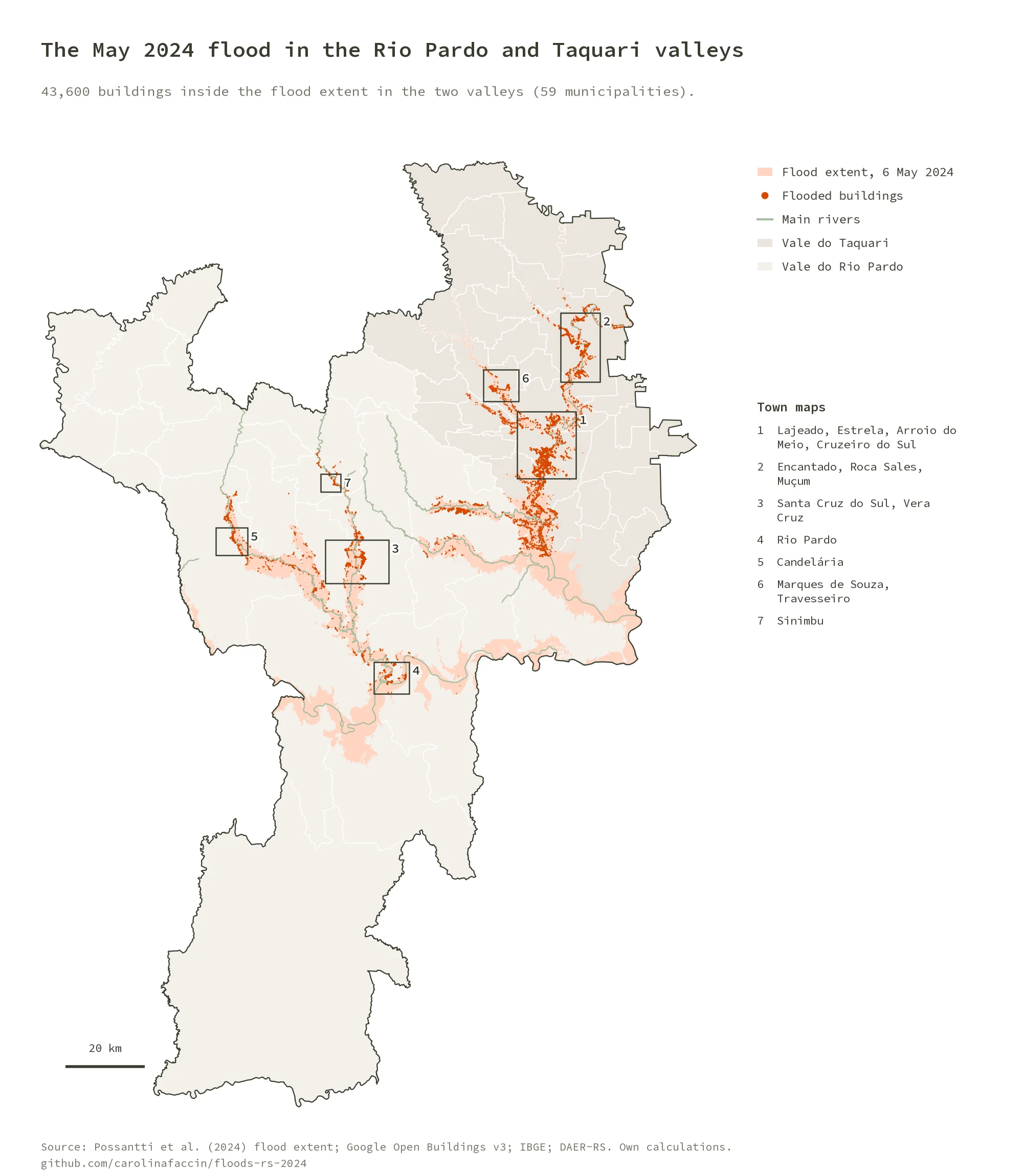 Map of the Rio Pardo and Taquari valleys with the flood extent of 6 May 2024 along the rivers, flooded buildings in orange and boxes marking the seven town maps
