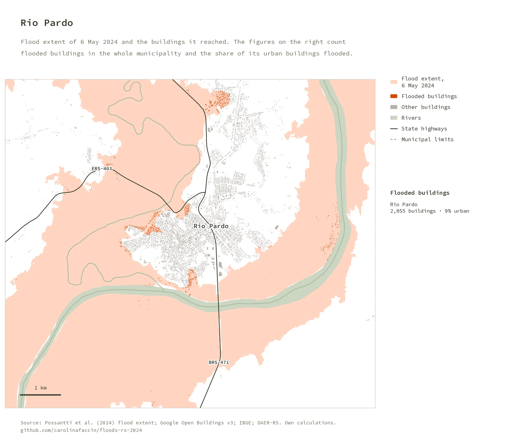 Map of Rio Pardo surrounded by the flood of the Jacuí and Pardo rivers, with flooded buildings in the southwest of the town