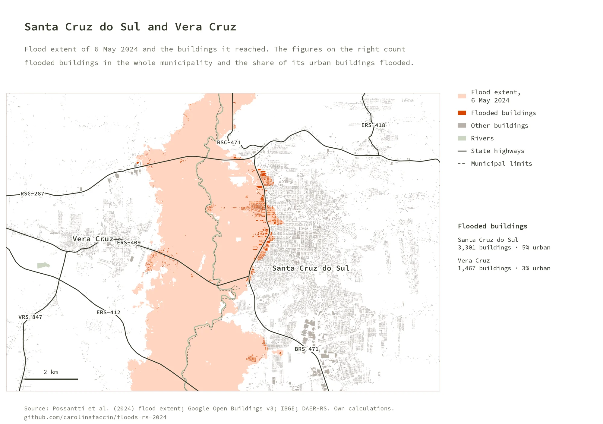 Map of Santa Cruz do Sul and Vera Cruz with the flood along the Pardinho River west of the city and flooded buildings on its western edge
