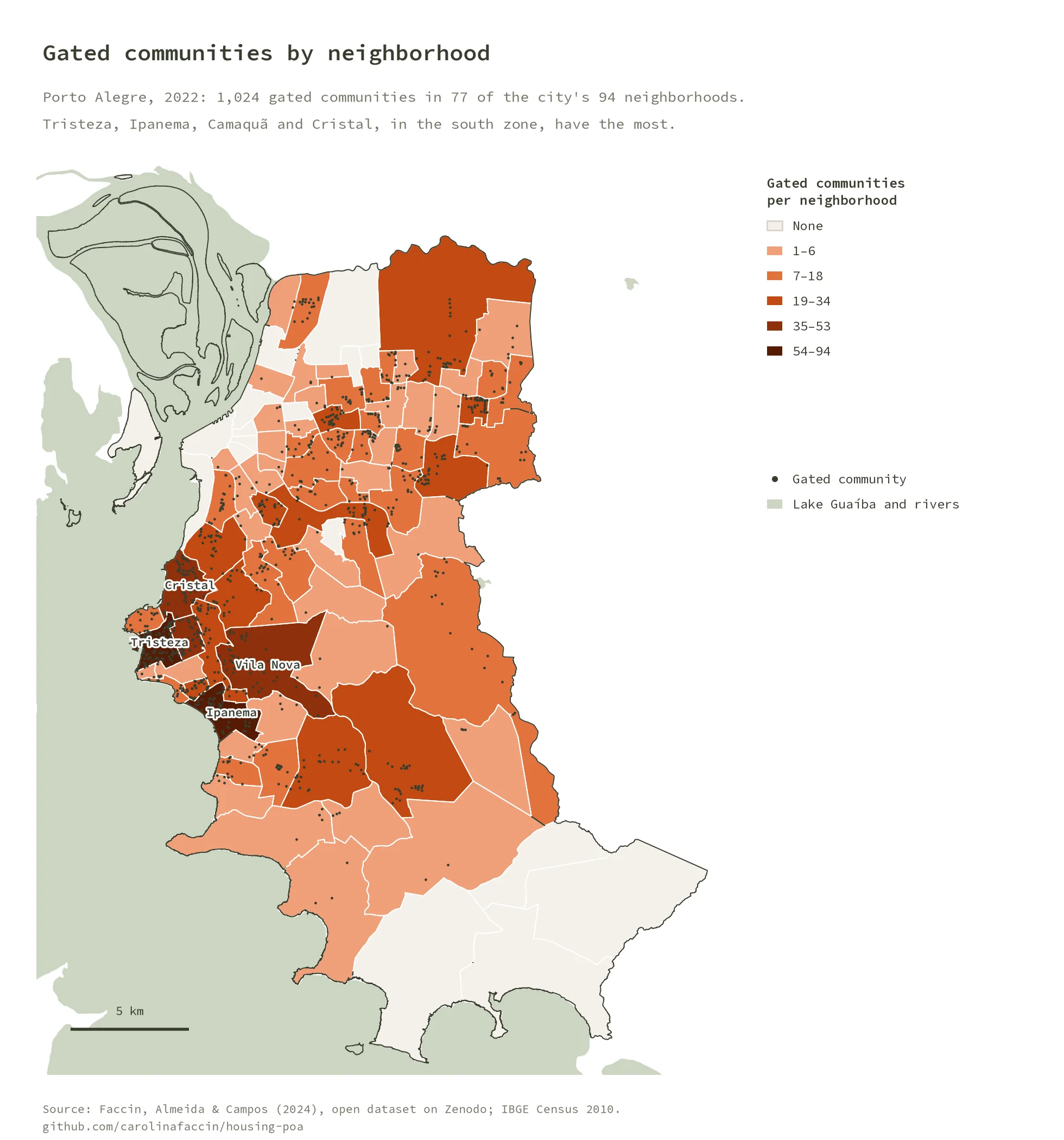 Map of Porto Alegre neighborhoods shaded by number of gated communities, darkest in Tristeza, Ipanema, Camaquã and Cristal in the south zone, with each gated community as a dot