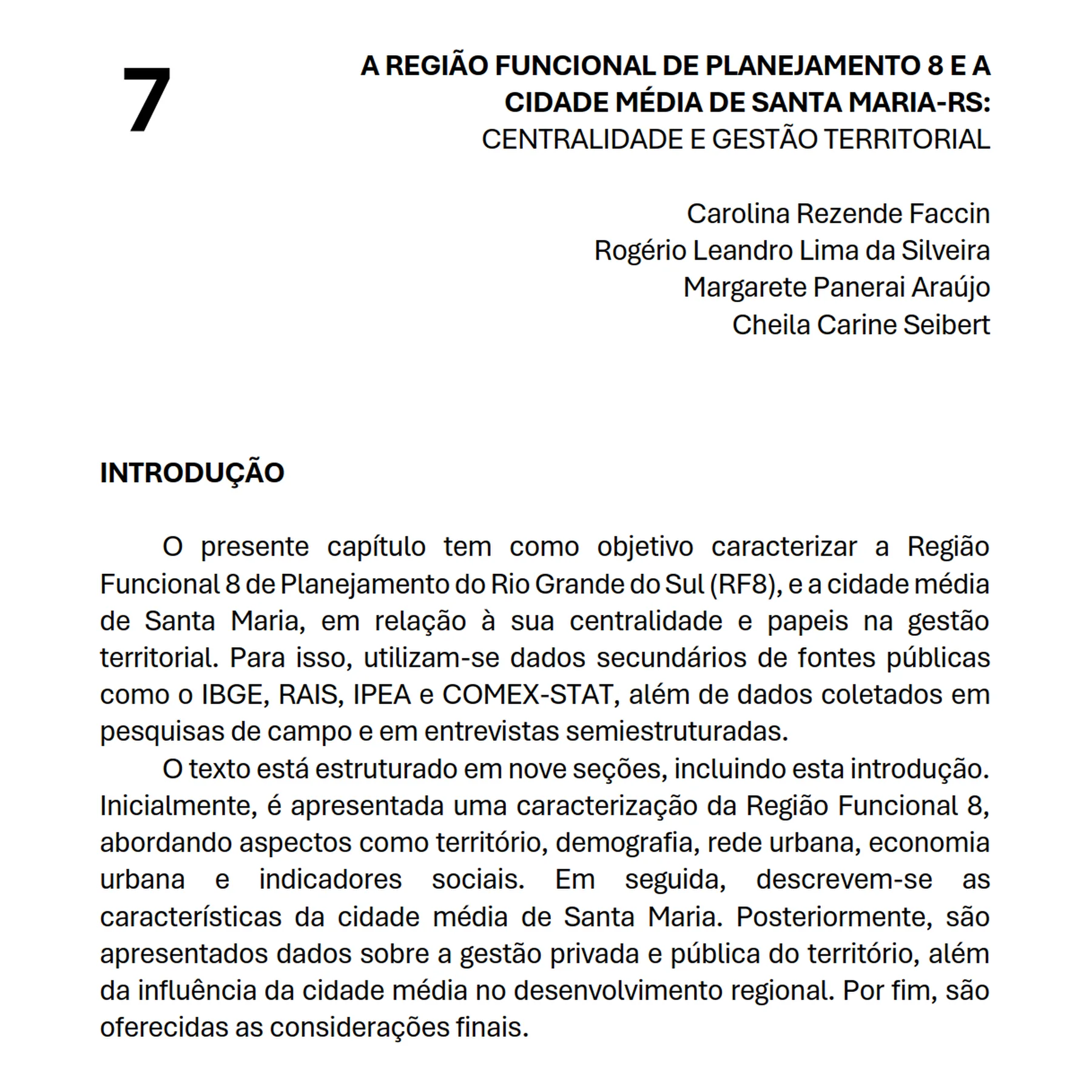 First page of chapter 7, on Planning Region 8 and the medium-sized city of Santa Maria, by Carolina Rezende Faccin, Rogério Leandro Lima da Silveira, Margarete Panerai Araújo and Cheila Carine Seibert