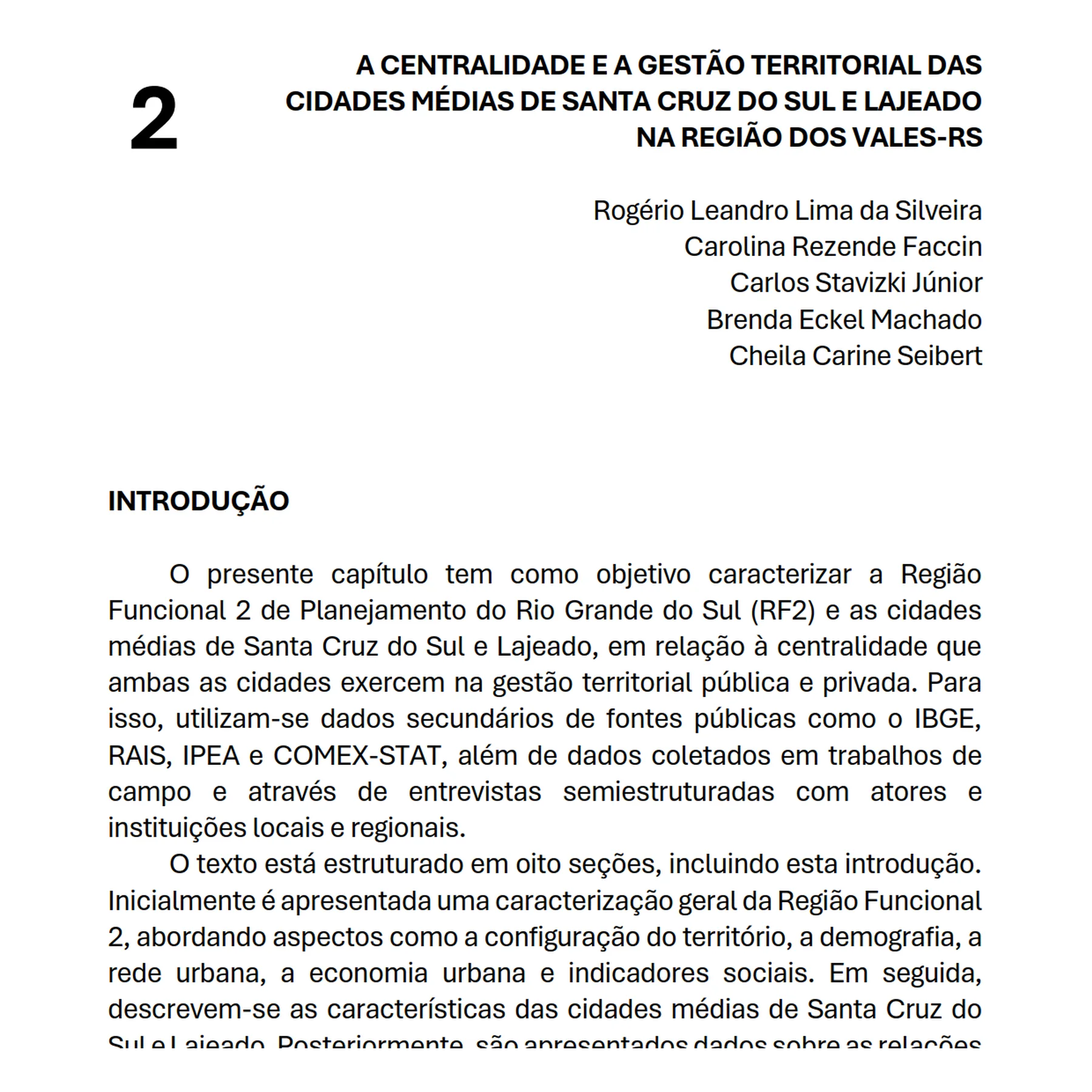 First page of chapter 2, on the centrality and territorial management of Santa Cruz do Sul and Lajeado, by Rogério Leandro Lima da Silveira, Carolina Rezende Faccin, Carlos Stavizki Júnior, Brenda Eckel Machado and Cheila Carine Seibert