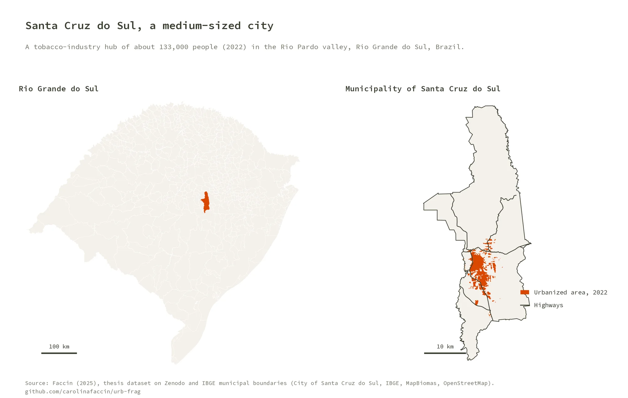 Two location maps: Santa Cruz do Sul highlighted in Rio Grande do Sul, and the urbanized area in the south of the municipality