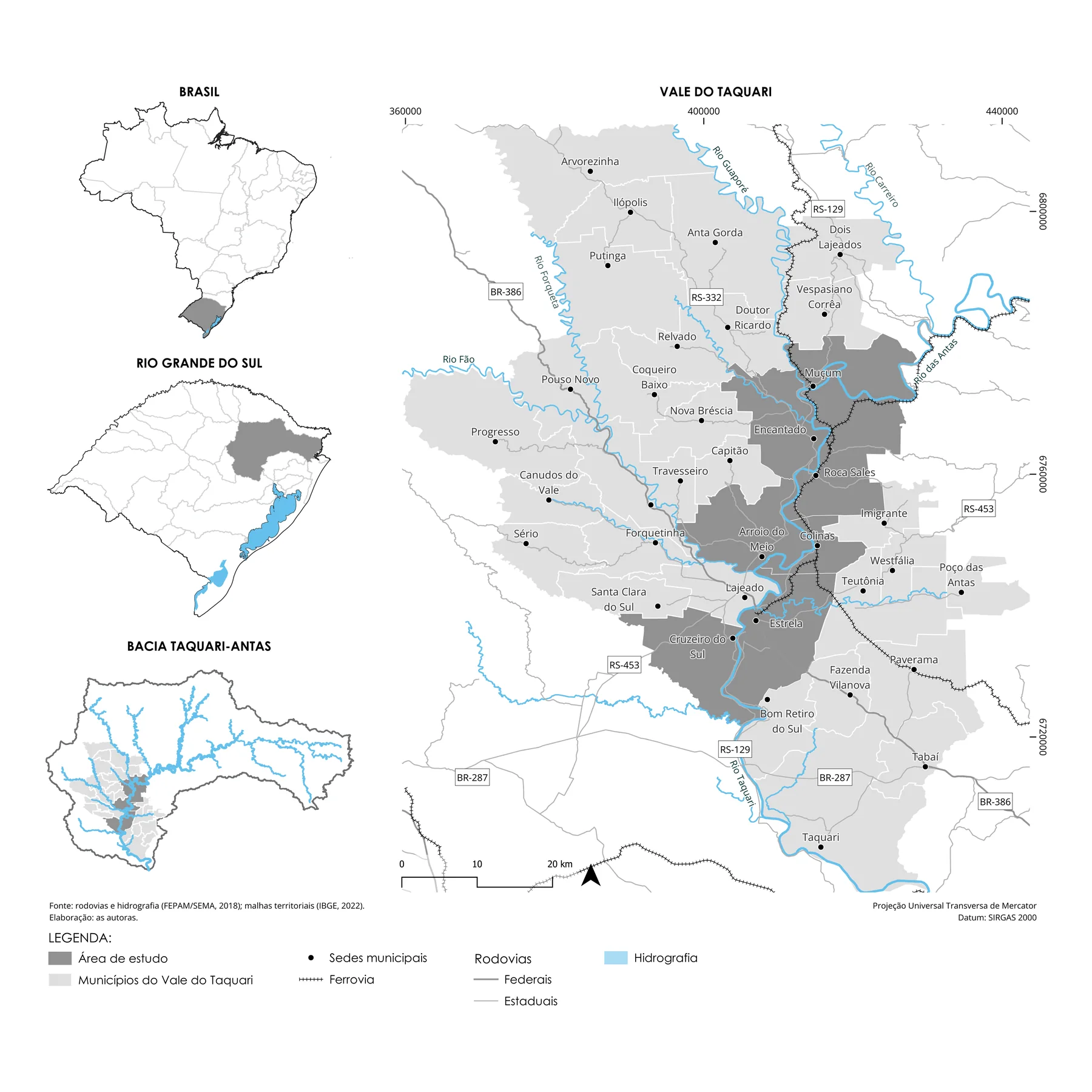 Location maps showing the seven study municipalities highlighted in dark grey within the Taquari Valley, Rio Grande do Sul and the Taquari-Antas river basin