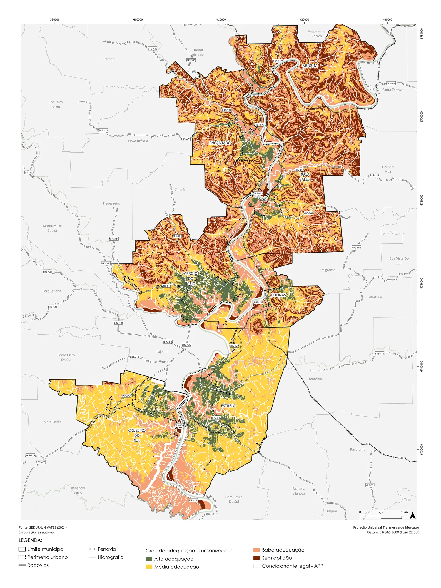 Regional map of urban suitability, with large areas in red and orange on steep valley slopes and green and yellow areas on flatter land near towns