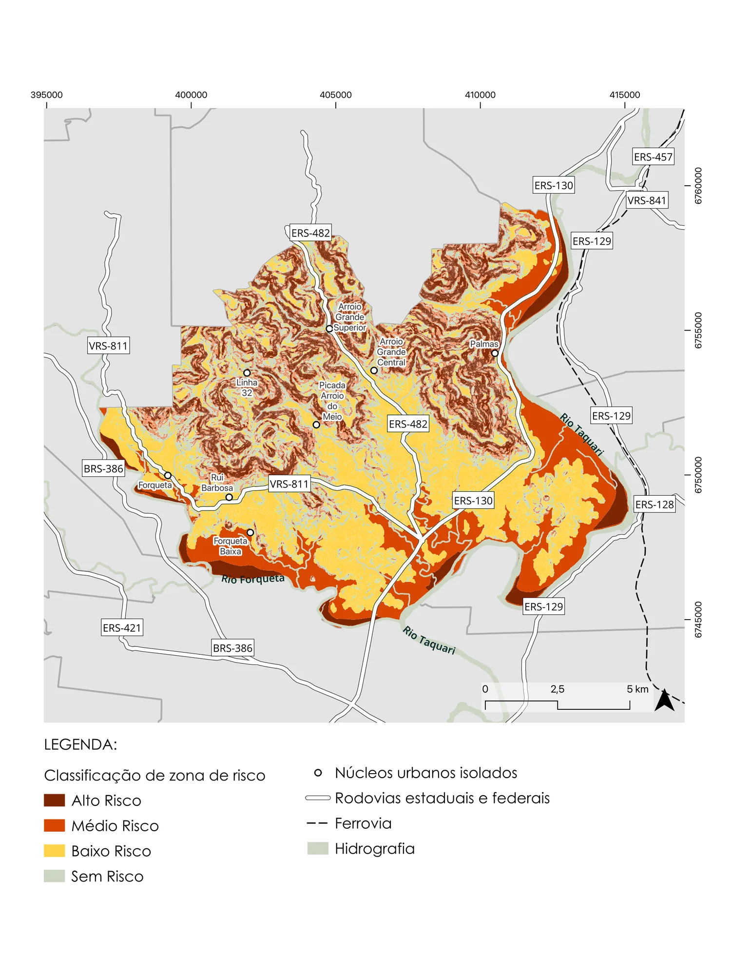 Risk zoning map of Arroio do Meio with high risk in red along rivers and steep slopes, medium in orange, low in green and no risk in yellow