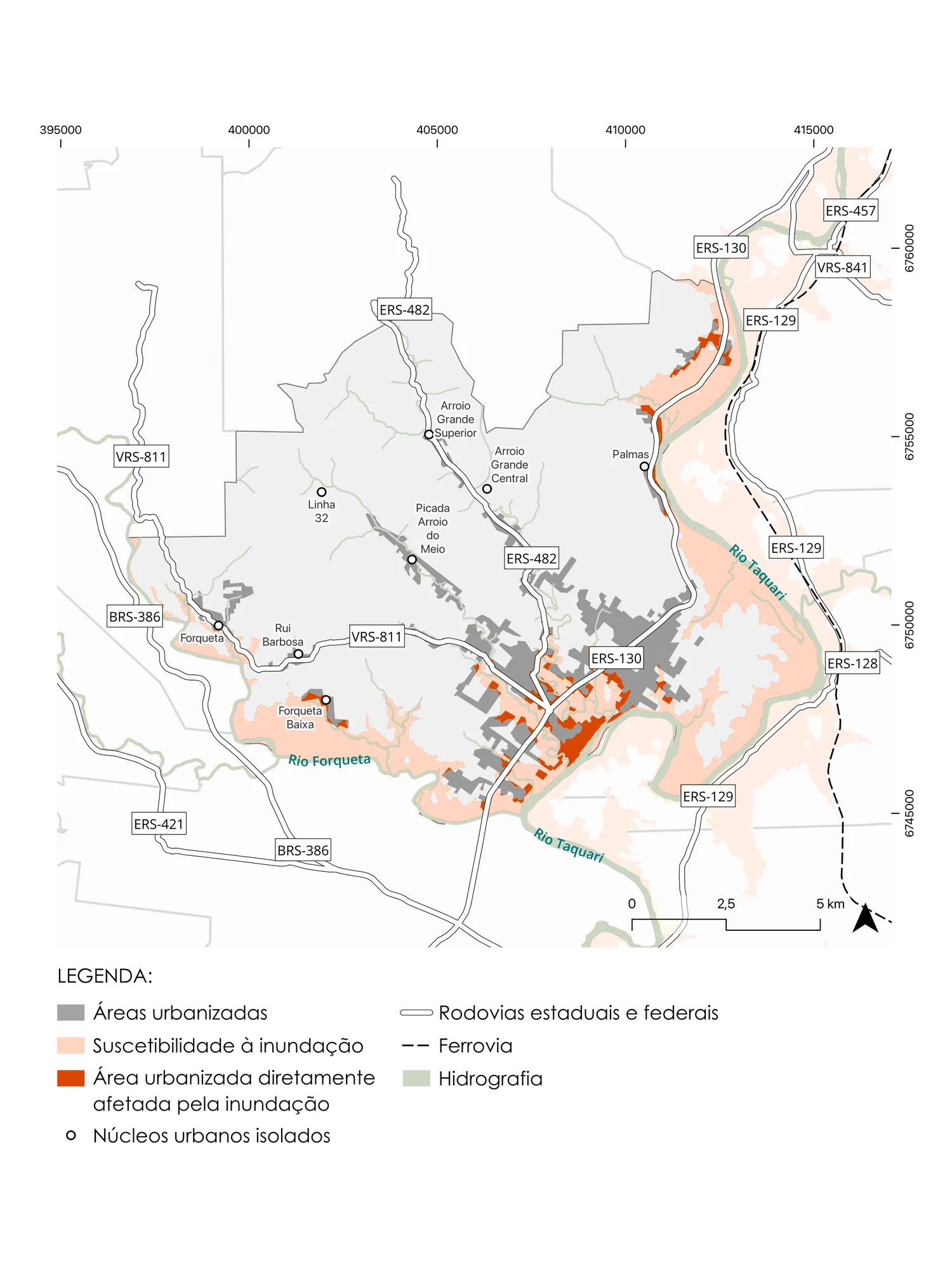 Map of Arroio do Meio showing flood-susceptible land in light orange along the Taquari and Forqueta rivers and the urbanized area hit by the flood in darker orange