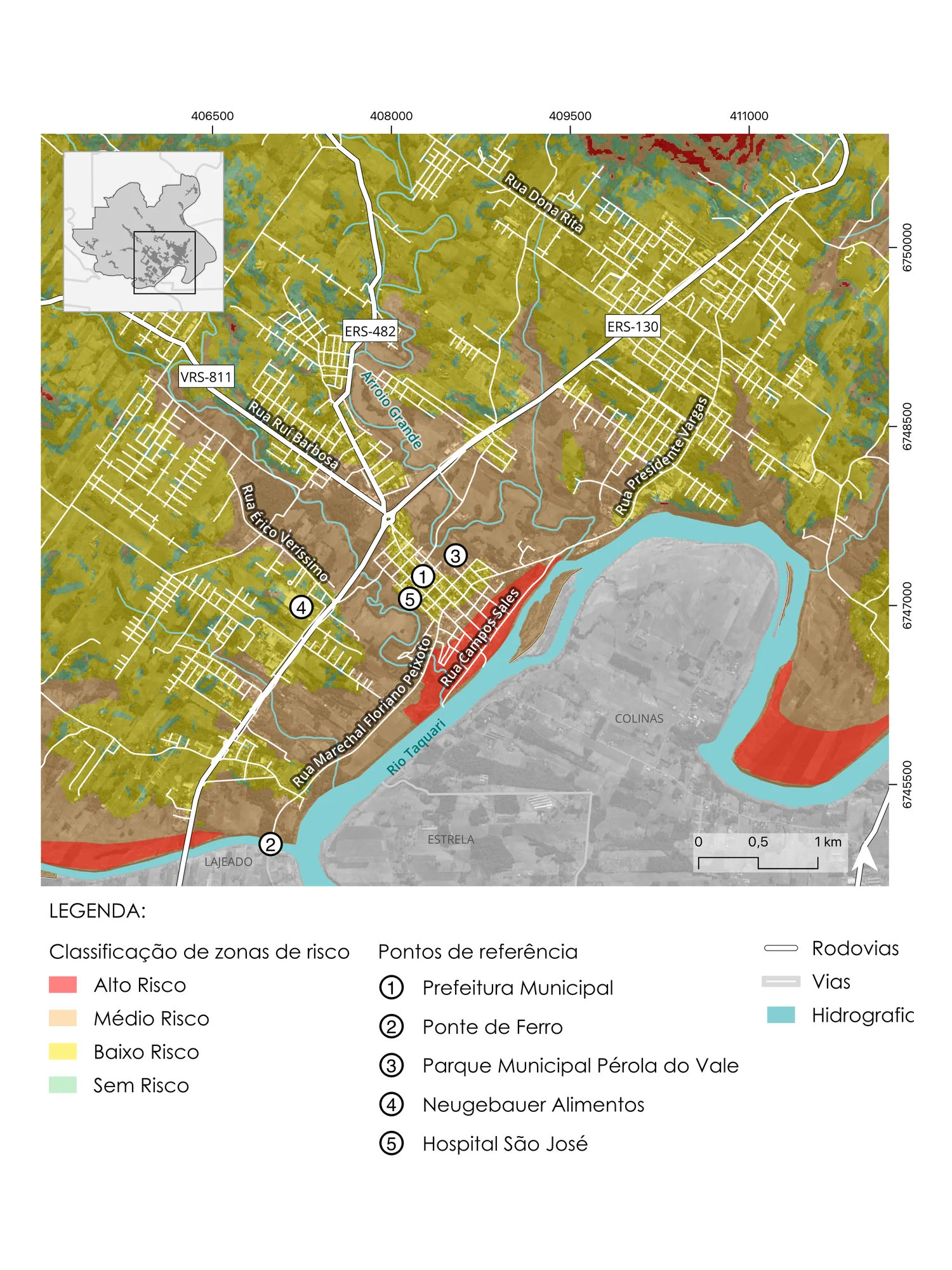 Detail of Arroio do Meio's urban core over satellite imagery, with risk classes overlaid and numbered landmarks such as the city hall and the iron bridge