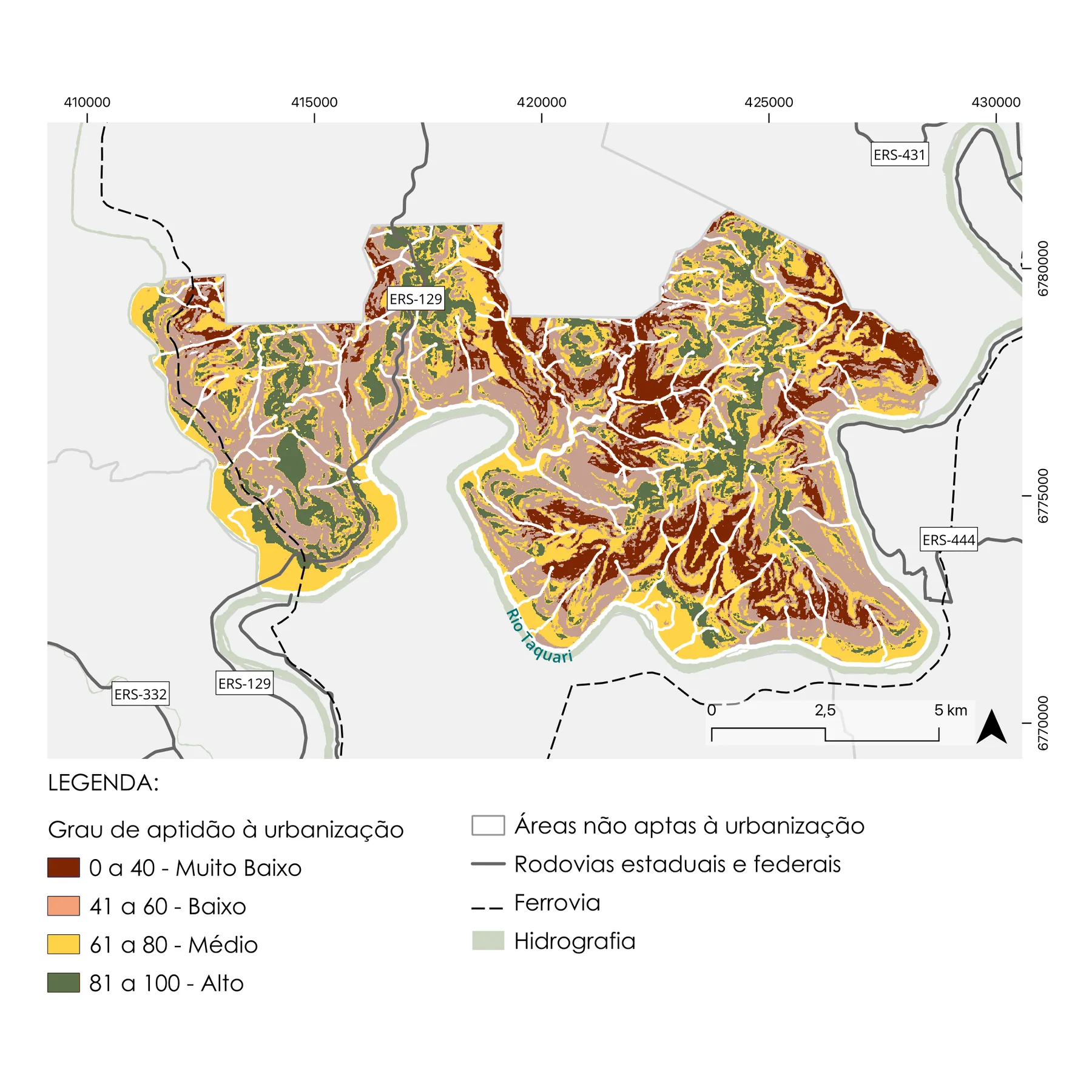 Suitability map of Muçum from rust (not suitable) to dark green (high suitability), with high-suitability areas on gentler slopes and non-suitable areas along the Taquari River