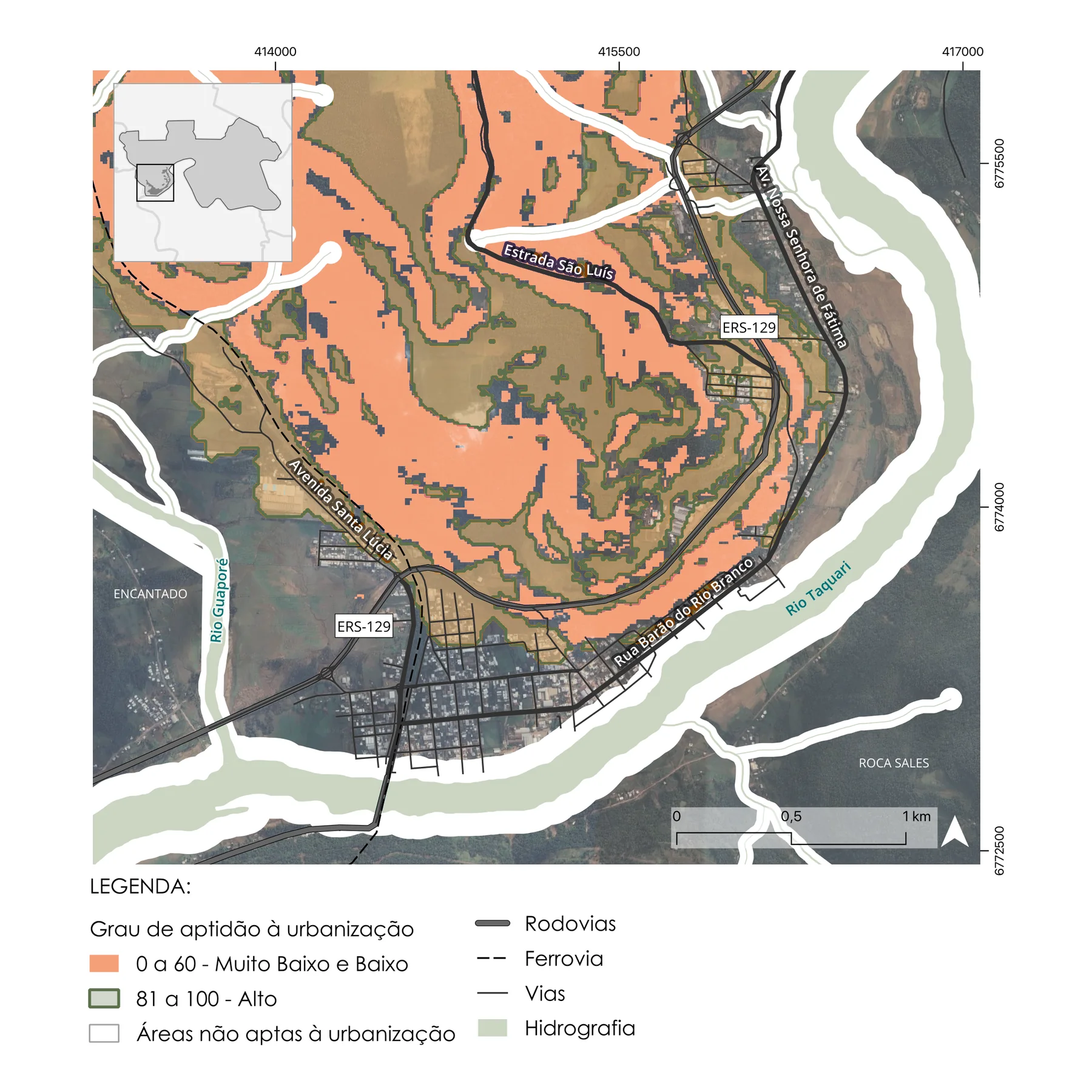 Detail of Muçum's urban area over satellite imagery, highlighting high-suitability land in dark green and low-suitability land in light orange