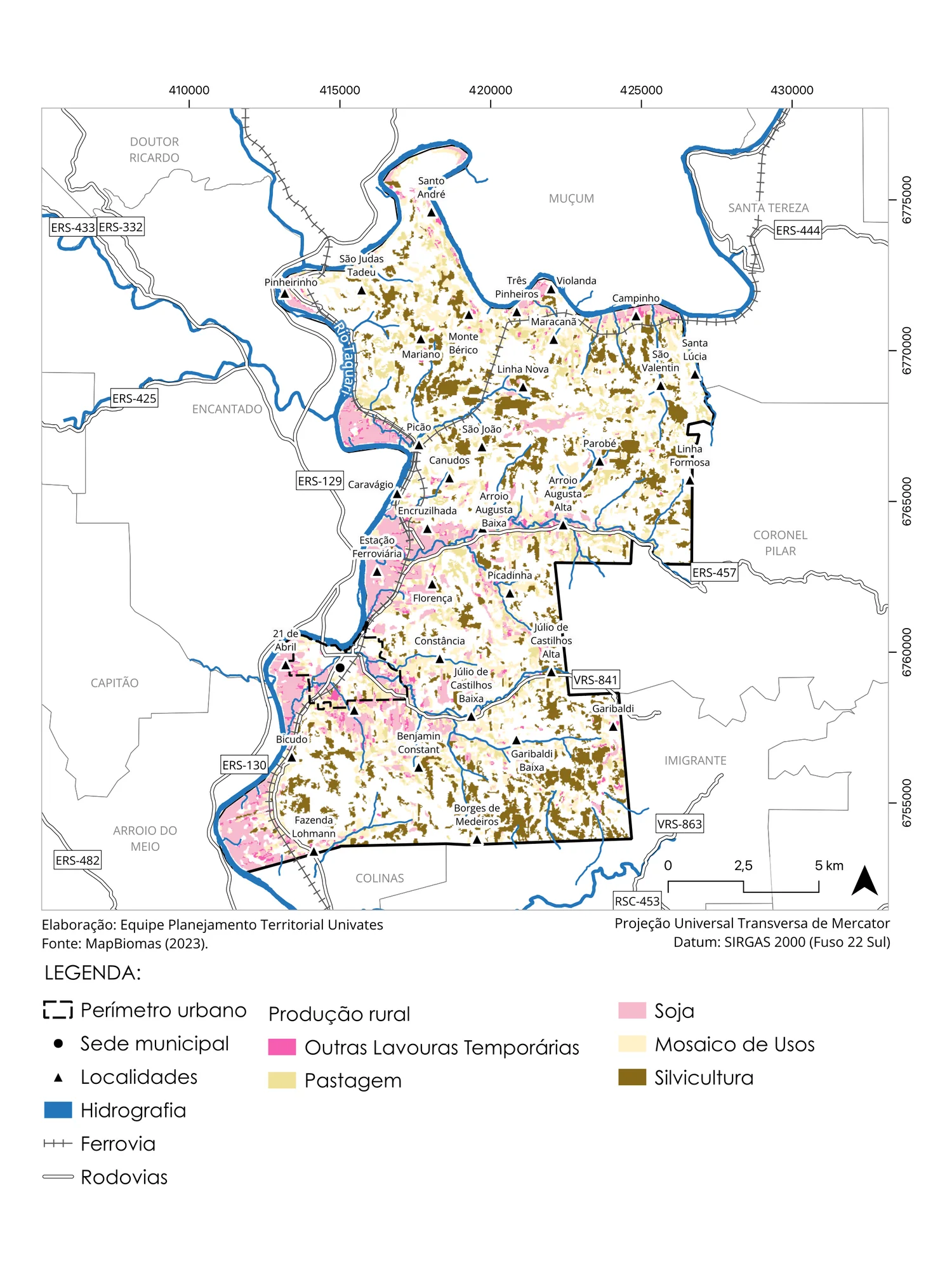 Rural land use map of Roca Sales showing soy, temporary crops, pasture and forestry plantations in different colors