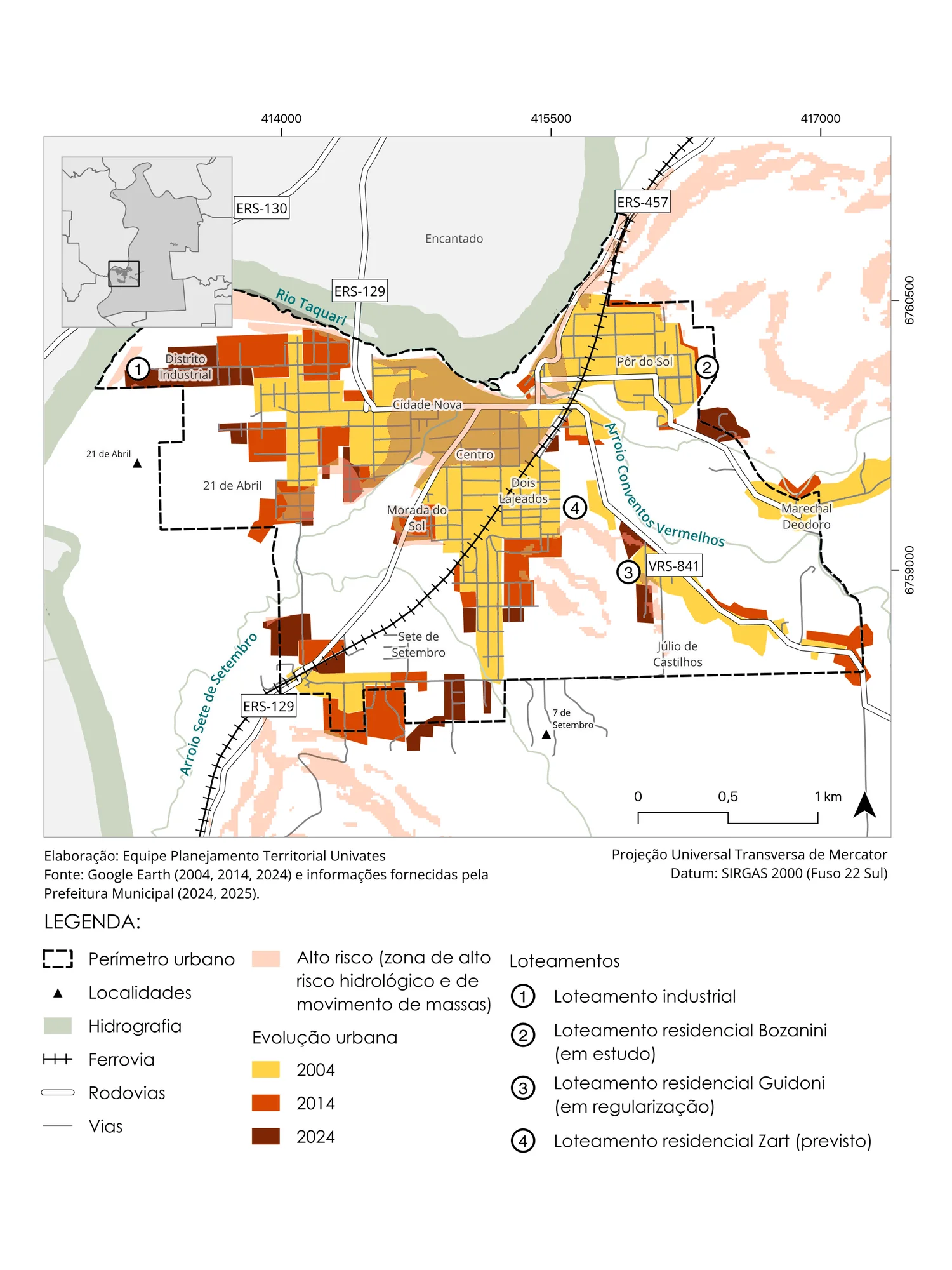 Map of Roca Sales' urban area showing urban growth in 2004, 2014 and 2024 in yellow, orange and red, high-risk zones and numbered residential subdivisions