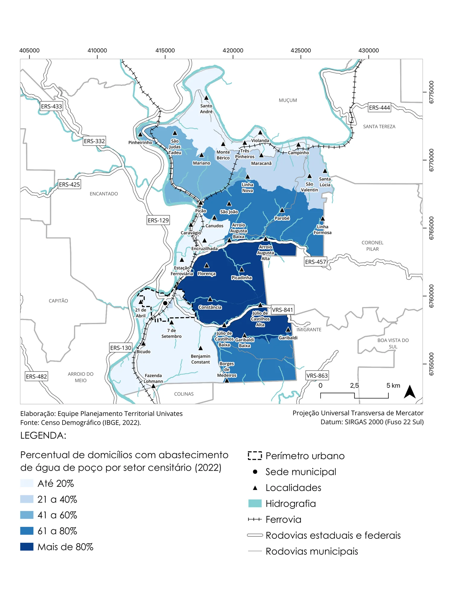 Choropleth map of Roca Sales census tracts in shades of blue showing the share of households supplied by wells, darker in the rural center of the municipality